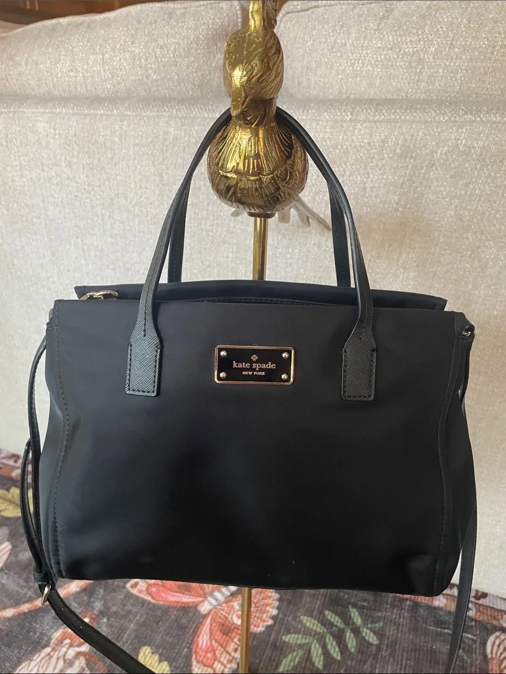 Kate Spade Black Nylon Satchel Bag with Gold Plaque Crossbody Strap EUC